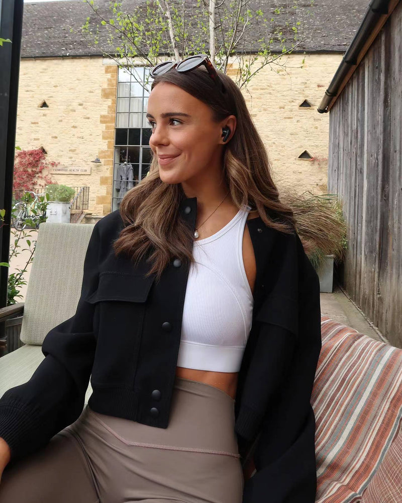 Chloe Tailored Cropped Bomber Jacket in Oat Milk, view 6