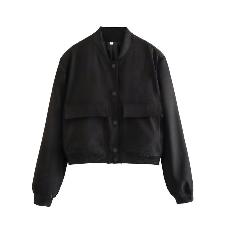 Chloe Tailored Cropped Bomber Jacket in Black, view 7