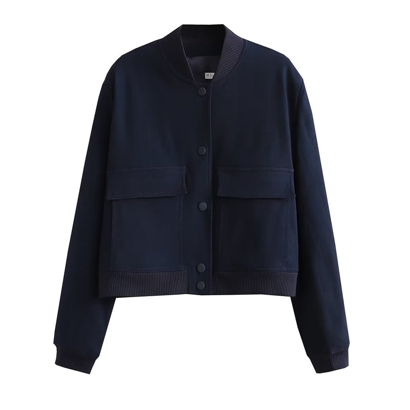 Chloe Tailored Cropped Bomber Jacket in Navy, view 8