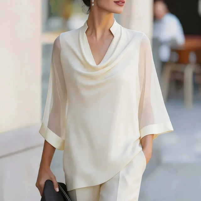 Tatiana Draped Chiffon Blouse in Beige, view 1