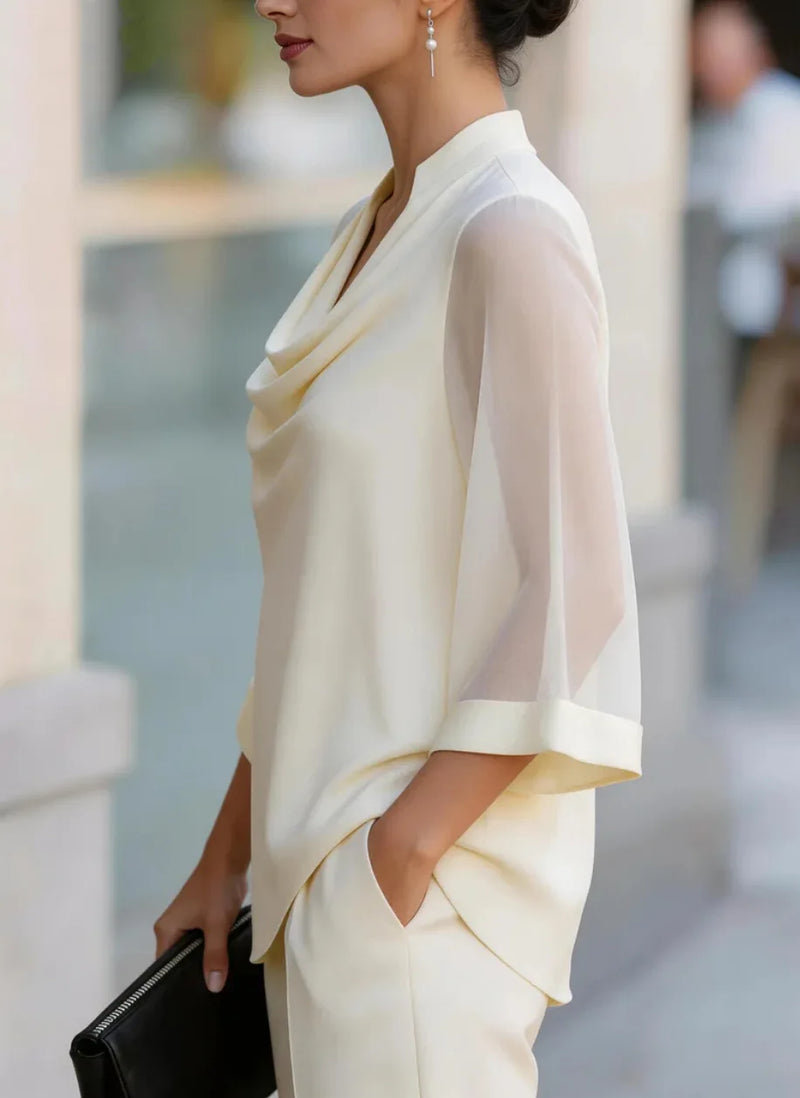 Tatiana Draped Chiffon Blouse in Beige, view 2