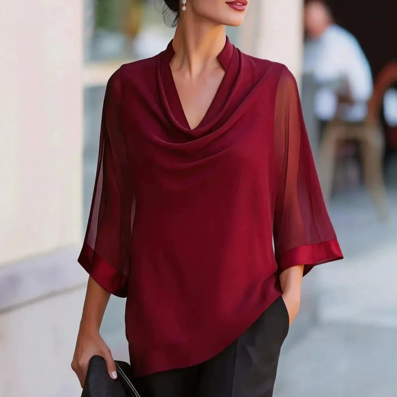 Tatiana Draped Chiffon Blouse in Burgundy, view 3