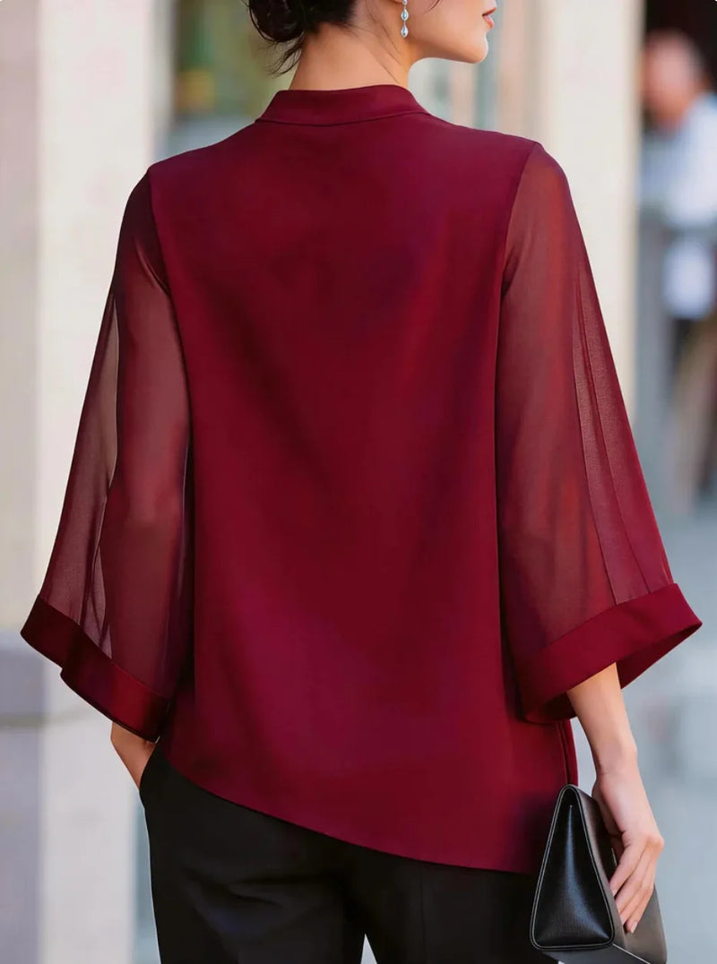 Tatiana Draped Chiffon Blouse in Burgundy, view 4