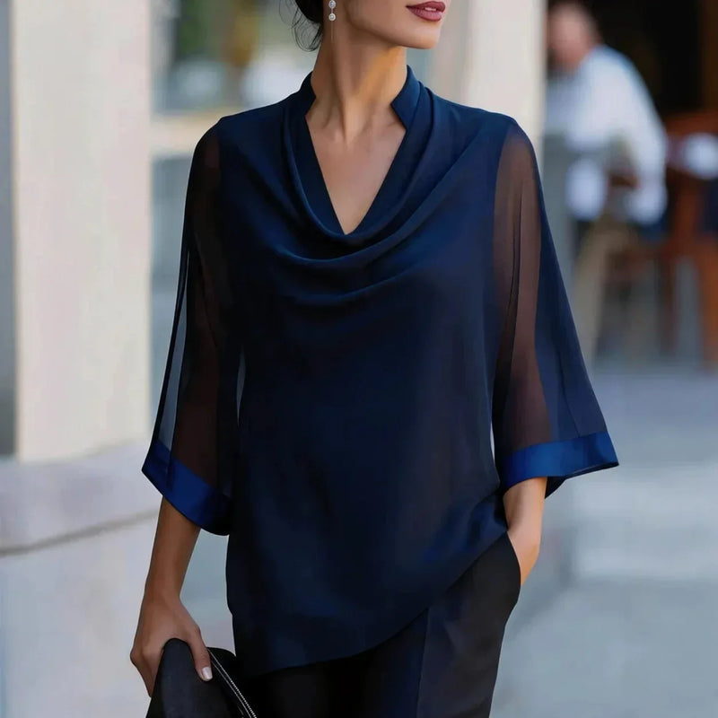 Tatiana Draped Chiffon Blouse in Navy Blue, view 5