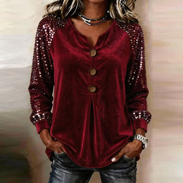 Uma Velvet-Touch Sequin Sleeve Blouse in Wine Red, view 1