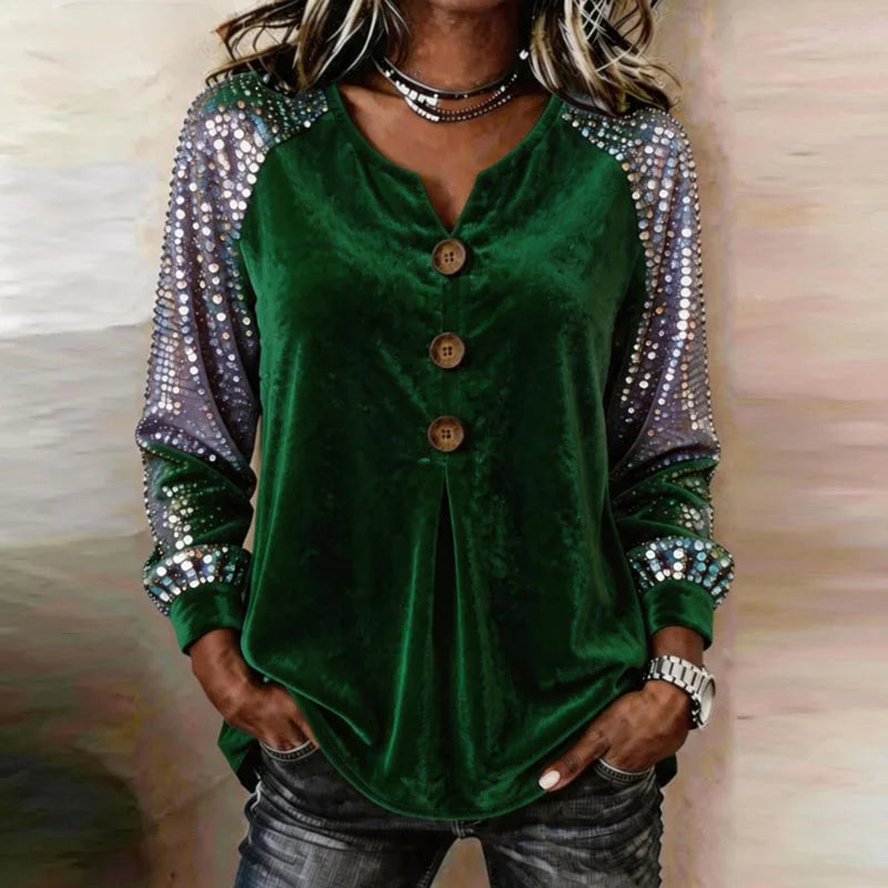 Uma Velvet-Touch Sequin Sleeve Blouse in Green, view 2