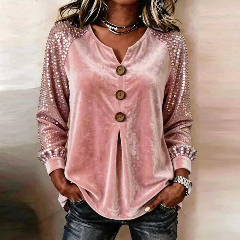 Uma Velvet-Touch Sequin Sleeve Blouse in Pink, view 4
