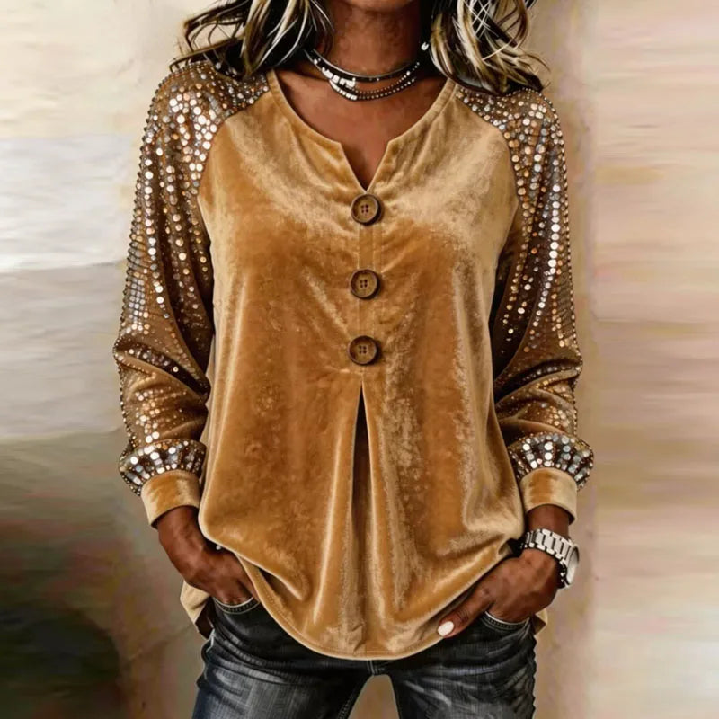 Uma Velvet-Touch Sequin Sleeve Blouse in Yellow, view 7