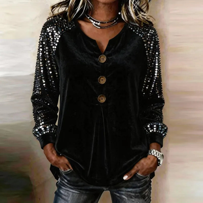 Uma Velvet-Touch Sequin Sleeve Blouse in Black, view 8