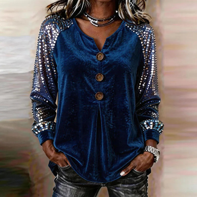 Uma Velvet-Touch Sequin Sleeve Blouse in Navy Blue, view 9