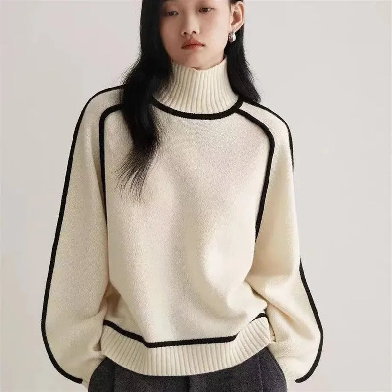Margaux Wool-Look Turtleneck Sweater in Off White, view 3