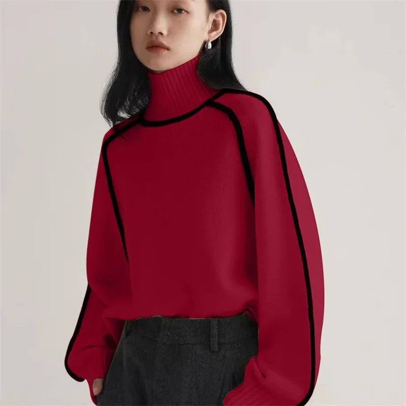 Margaux Wool-Look Turtleneck Sweater in Red, view 6