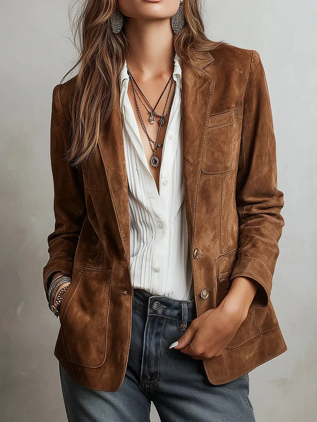 Iris Faux Suede Single-Breasted Blazer in Dark Brown, view 1