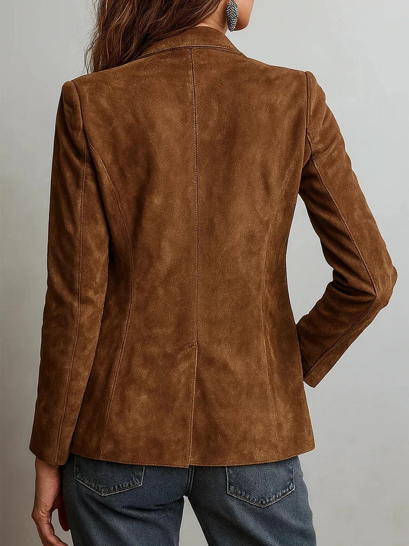 Iris Faux Suede Single-Breasted Blazer in Dark Brown, view 2