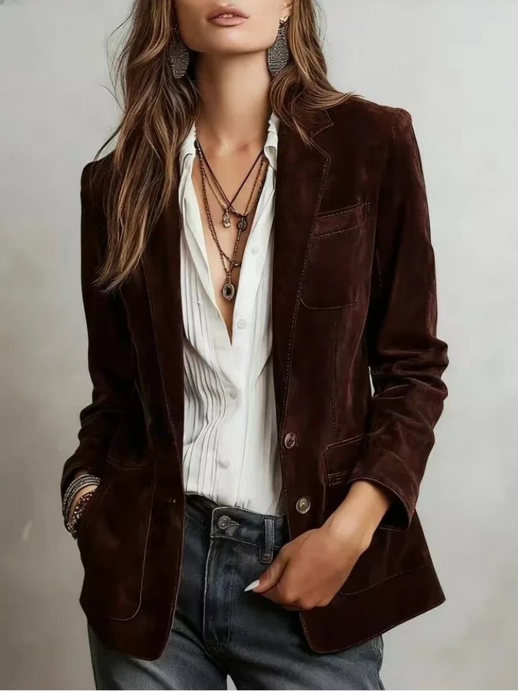 Iris Faux Suede Single-Breasted Blazer in Dark Brown, view 3