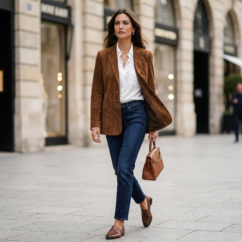 Iris Faux Suede Single-Breasted Blazer in Dark Brown, view 4
