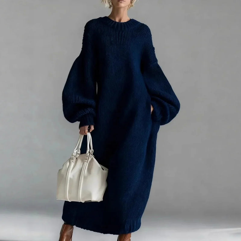 Ximena Chunky Wool-Look Knit Sweater Dress in Navy, view 5
