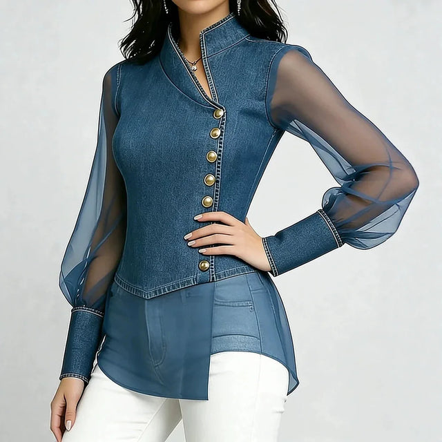 Solange Denim-Look Chiffon Top in Deep Blue, view 1