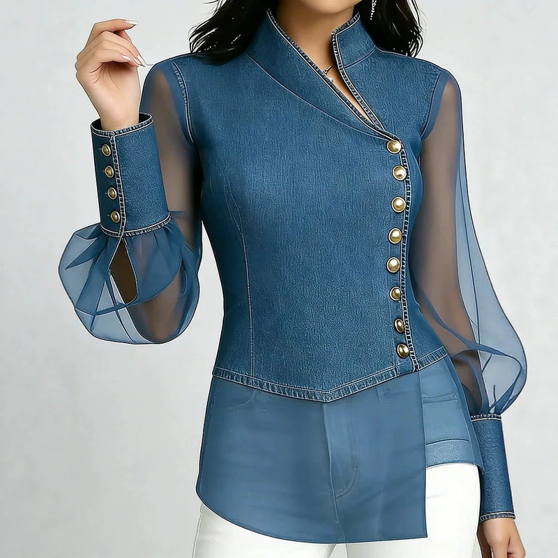 Solange Denim-Look Chiffon Top in Deep Blue, view 4