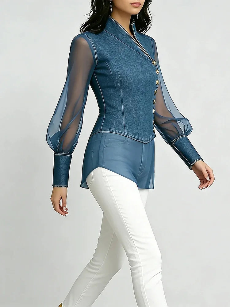 Solange Denim-Look Chiffon Top in Deep Blue, view 5