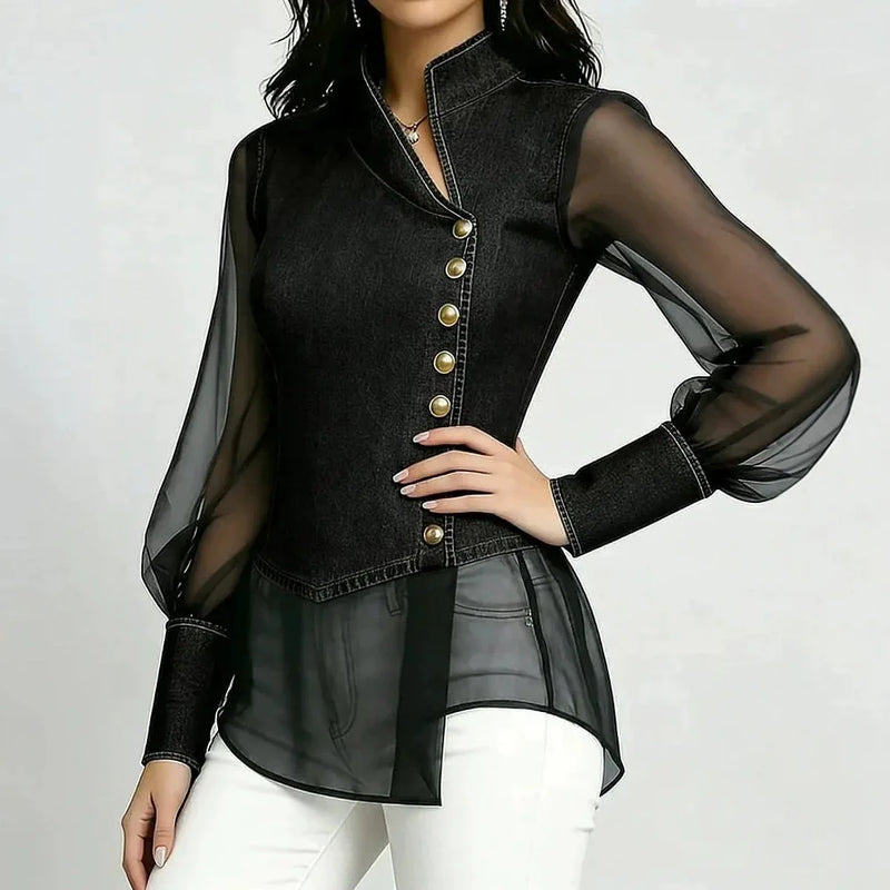 Solange Denim-Look Chiffon Top in Black, view 6