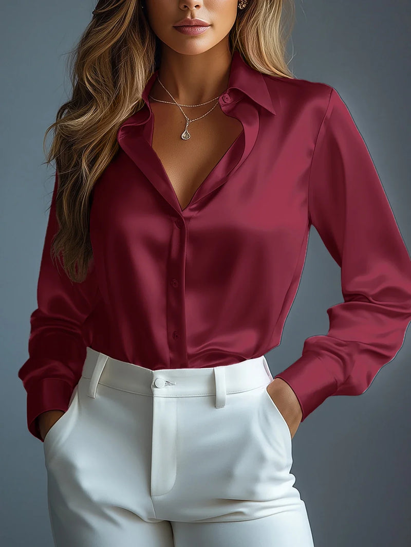 Ottilie Lustrous Button Blouse in Burgundy, view 2