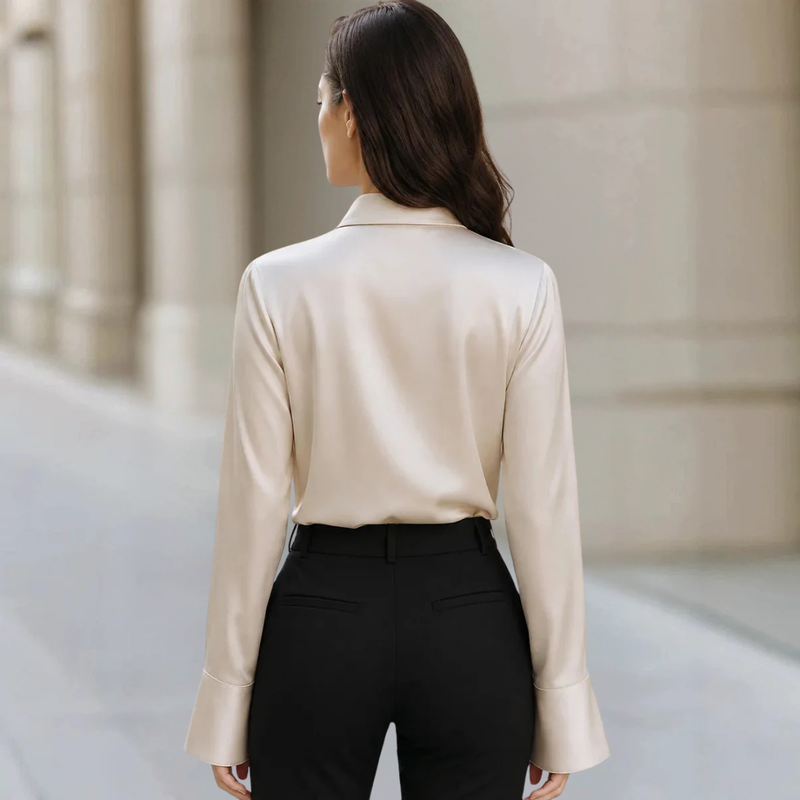 Petra Asymmetric Collar Blouse in Apricot, view 2