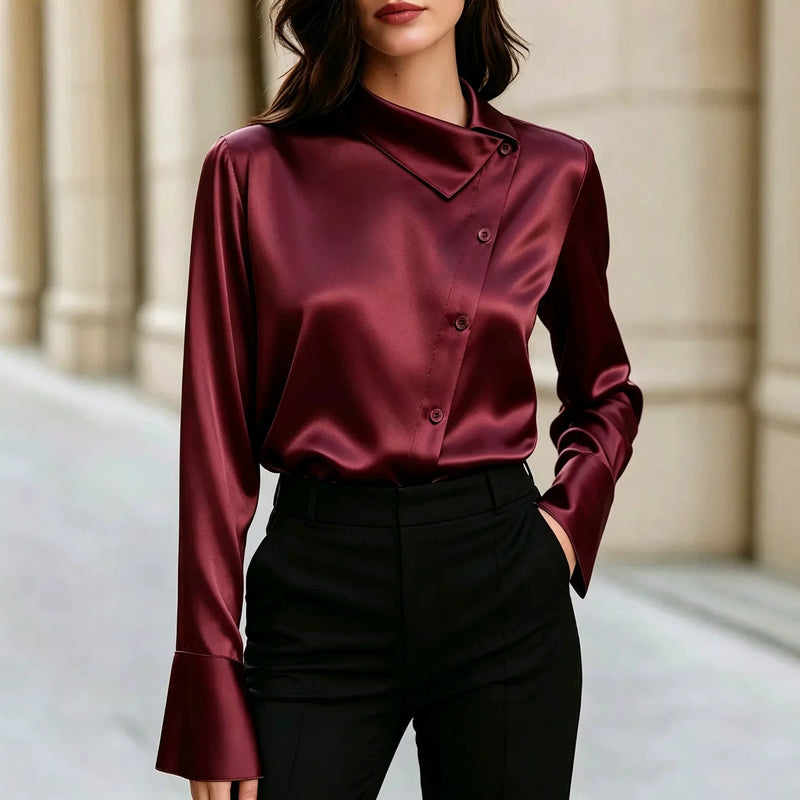 Petra Asymmetric Collar Blouse in Burgundy, view 3