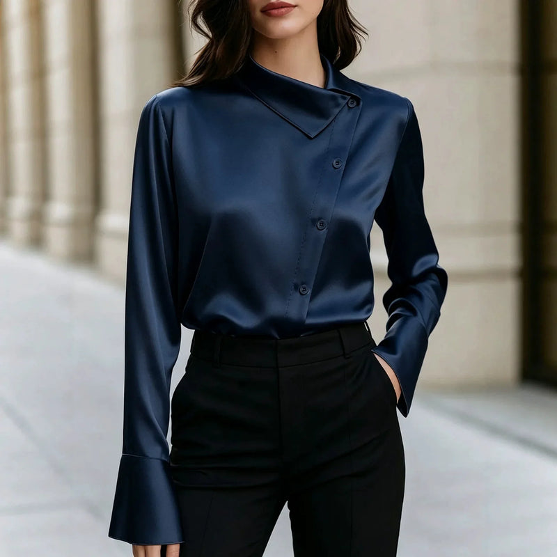 Petra Asymmetric Collar Blouse in Navy Blue, view 4