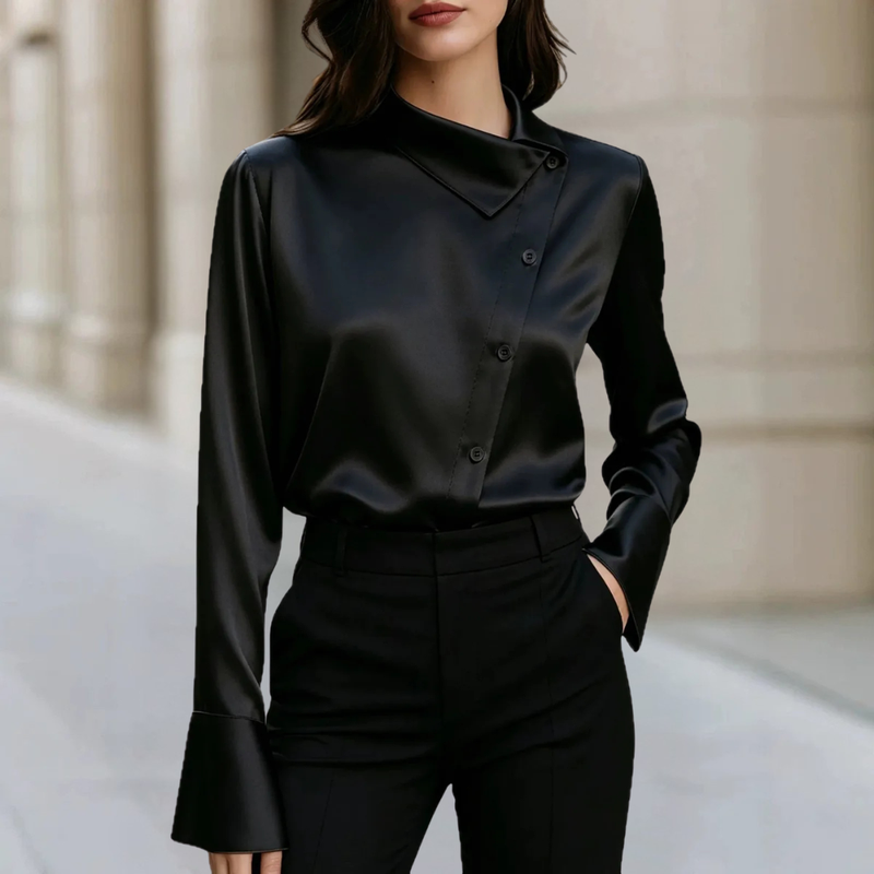 Petra Asymmetric Collar Blouse in Black, view 5