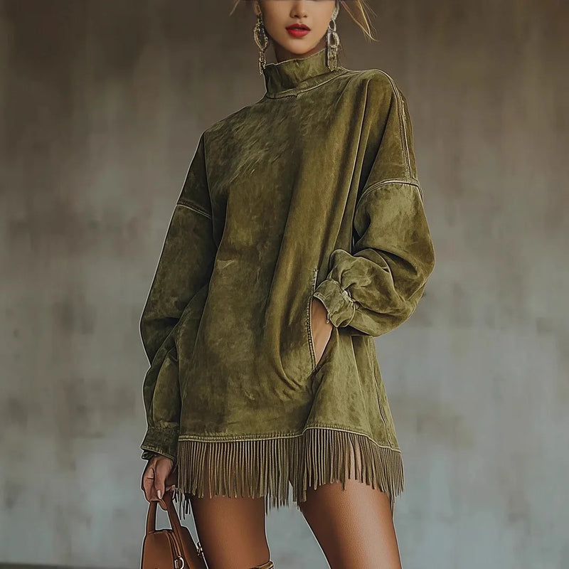 Noelle High-Neck Tunic Dress in Olive Green, view 4