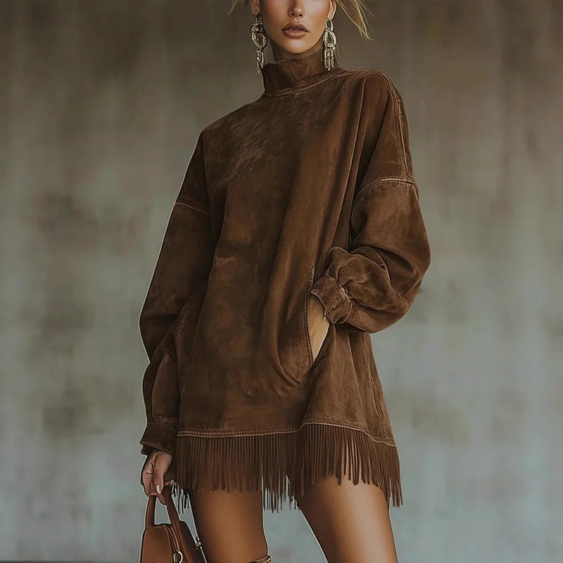 Noelle High-Neck Tunic Dress in Dark Brown, view 5