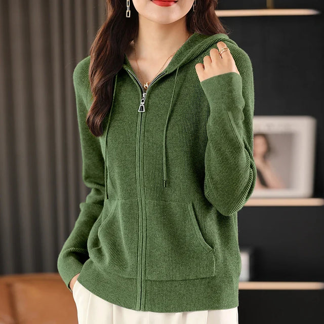 Ivy Ribbed Hood Cardigan in Green, view 1