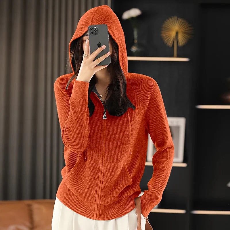 Ivy Ribbed Hood Cardigan in Orange, view 10