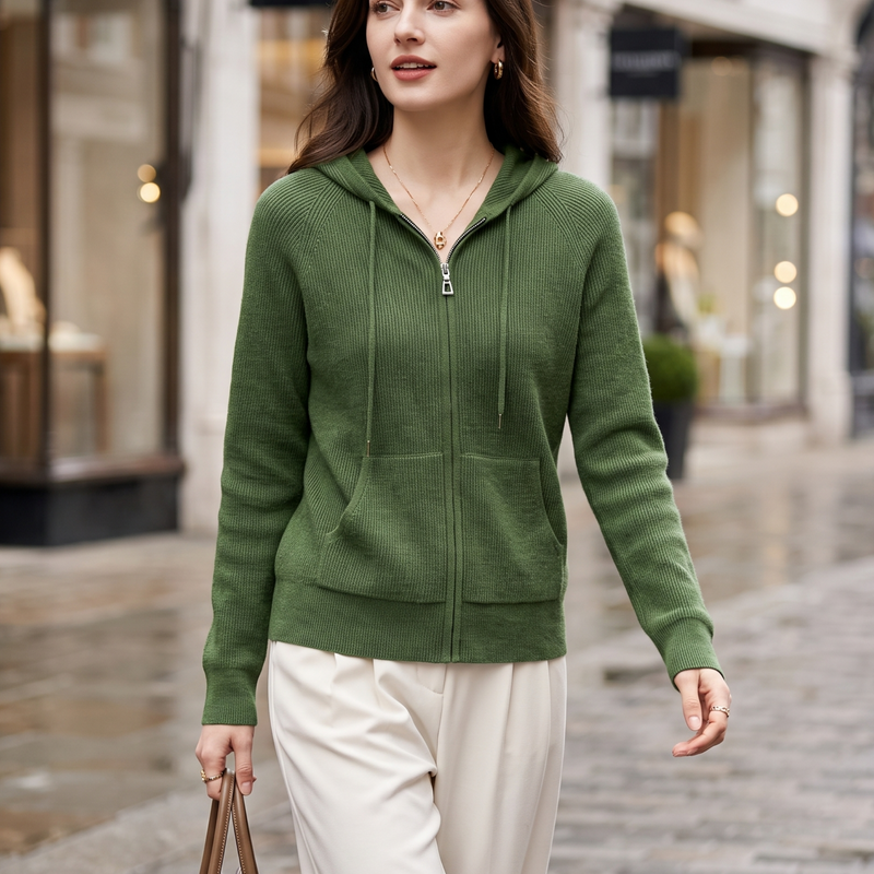 Ivy Ribbed Hood Cardigan in Green, view 2