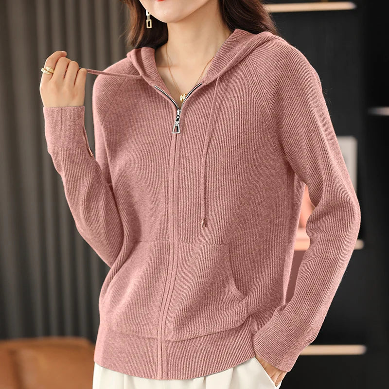 Ivy Ribbed Hood Cardigan in Pink, view 4