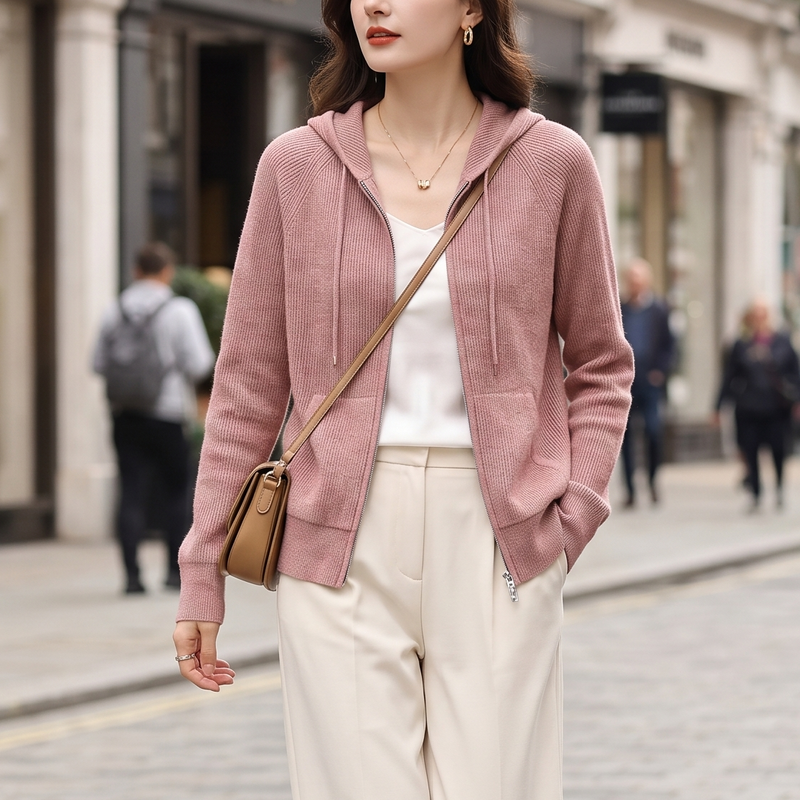 Ivy Ribbed Hood Cardigan in Pink, view 6