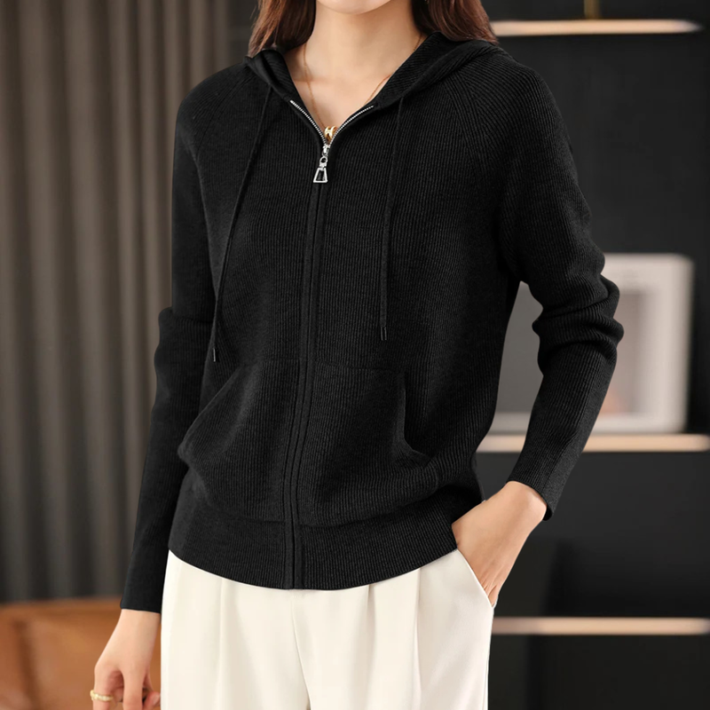Ivy Ribbed Hood Cardigan in Black, view 7