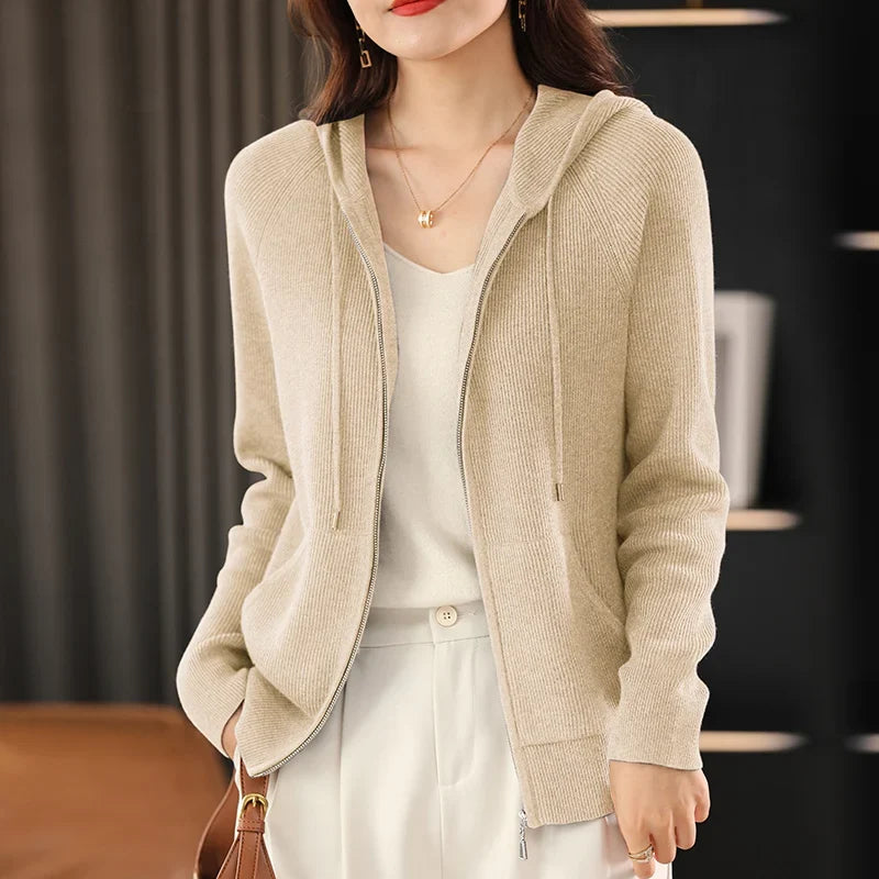 Ivy Ribbed Hood Cardigan in Beige, view 8