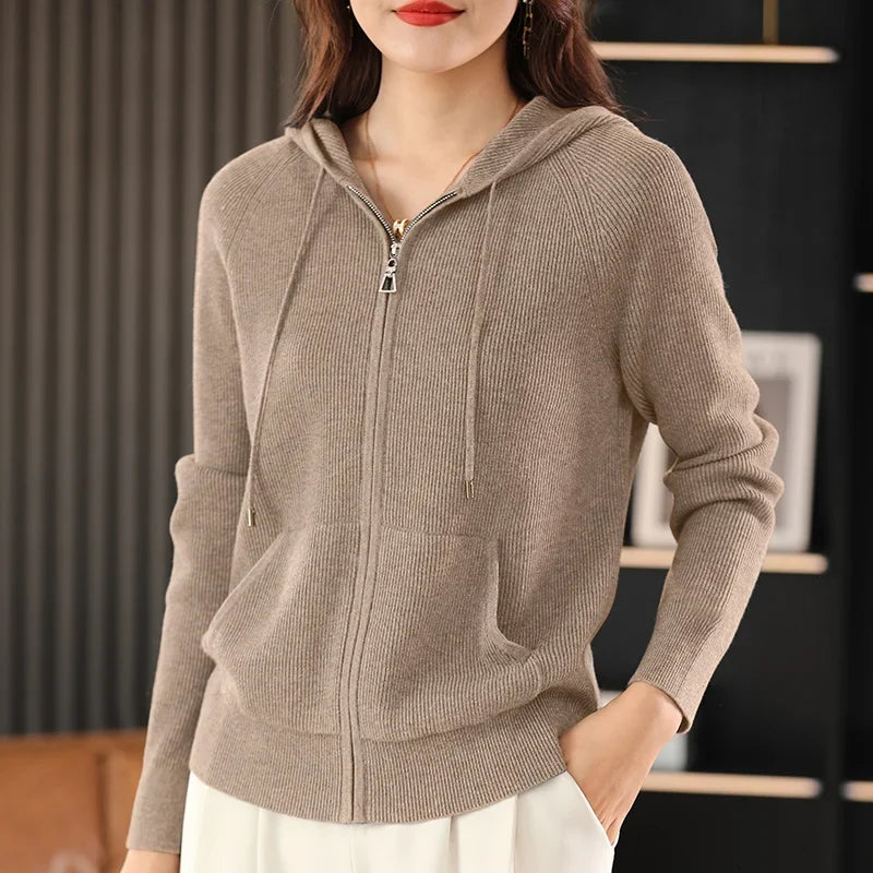Ivy Ribbed Hood Cardigan in Camel, view 9