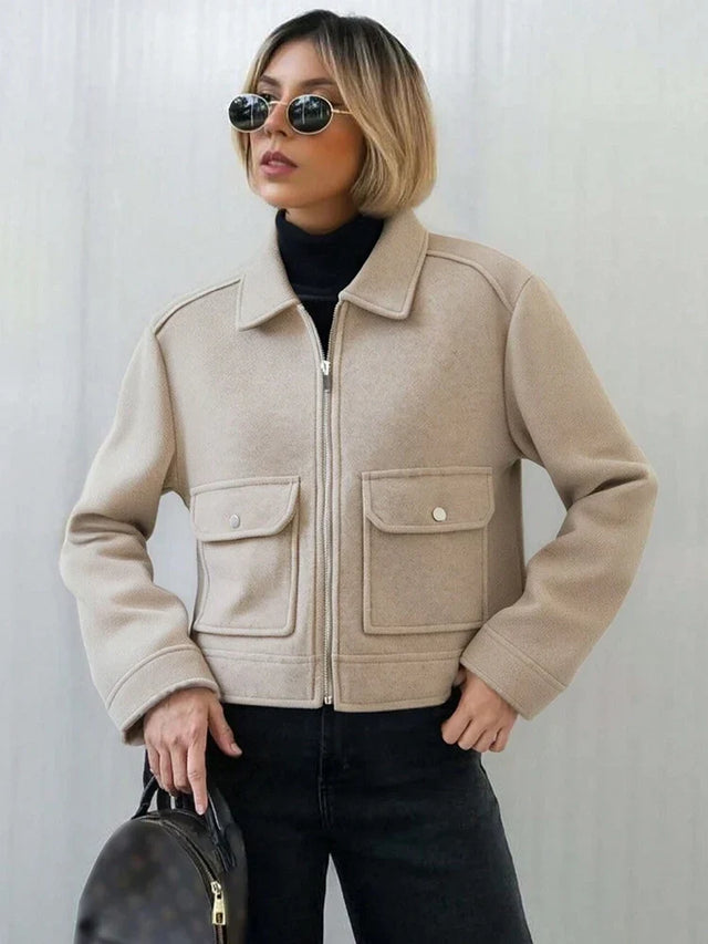Lena Wool-Look Cropped Jacket in Khaki, view 1