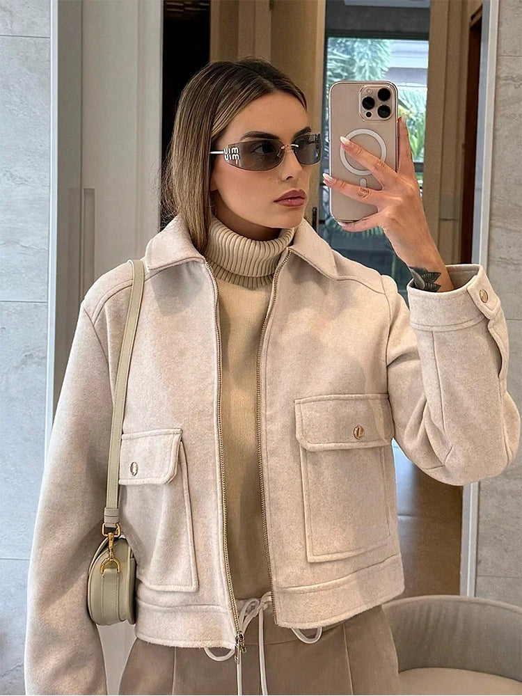 Lena Wool-Look Cropped Jacket in Khaki, view 2