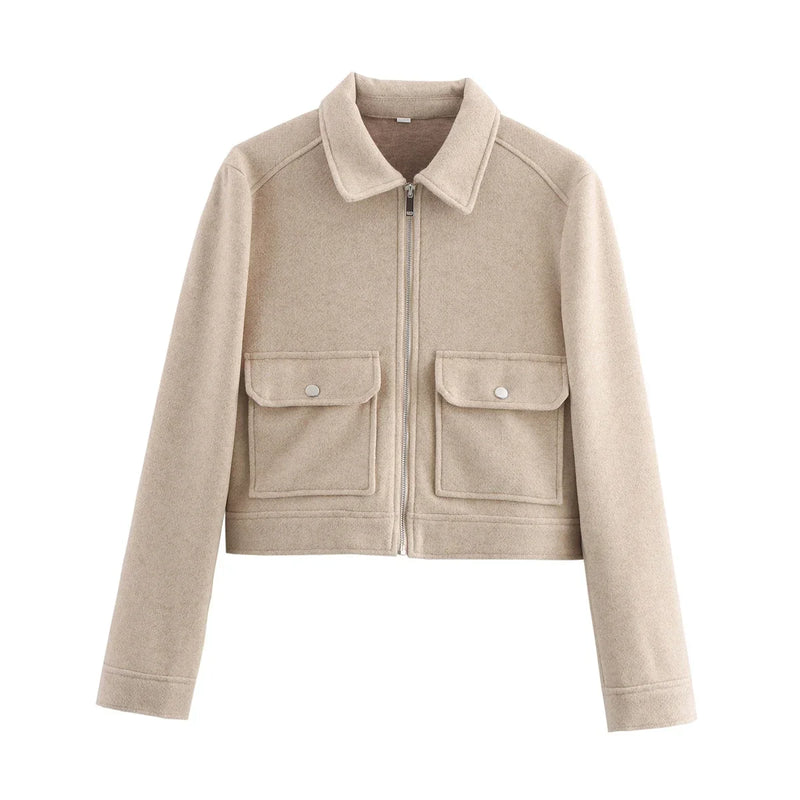 Lena Wool-Look Cropped Jacket in Khaki, view 3