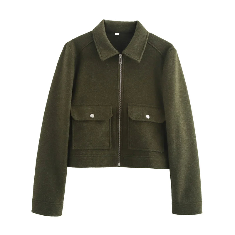 Lena Wool-Look Cropped Jacket in Olive Green, view 6
