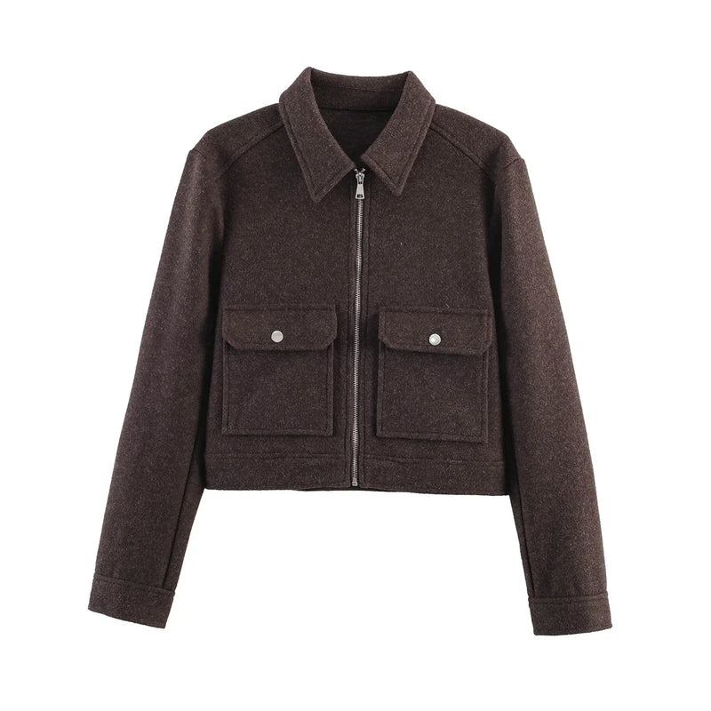 Lena Wool-Look Cropped Jacket in Brown, view 8