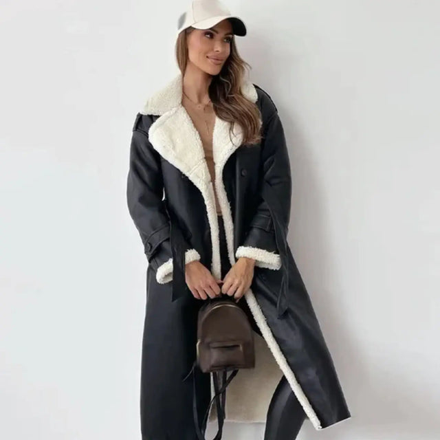 Faith Relaxed Fit Fleece-Lined Long Coat in Black, view 1
