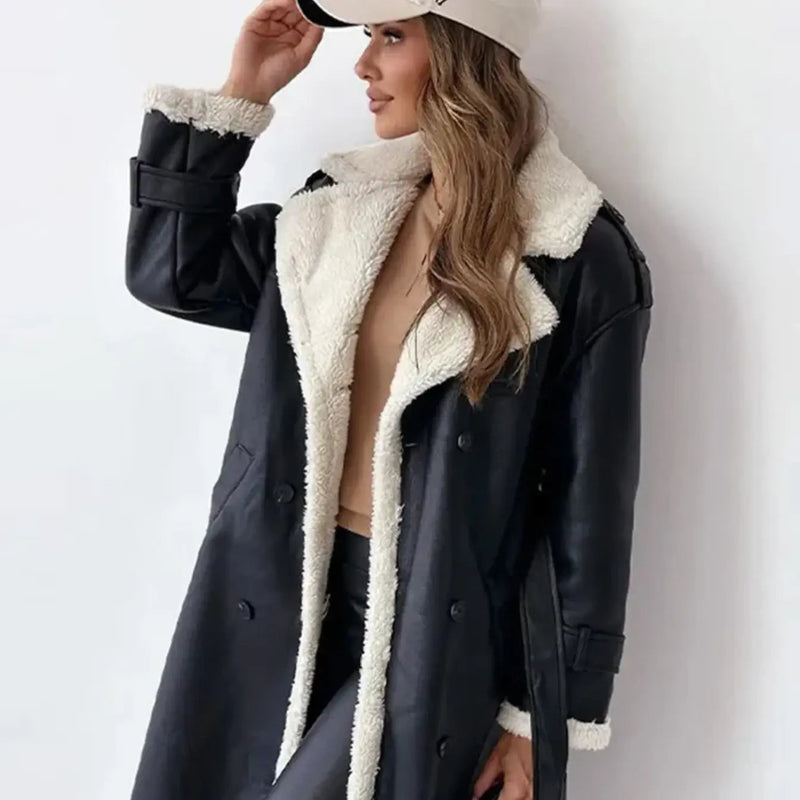 Faith Relaxed Fit Fleece-Lined Long Coat in Black, view 2