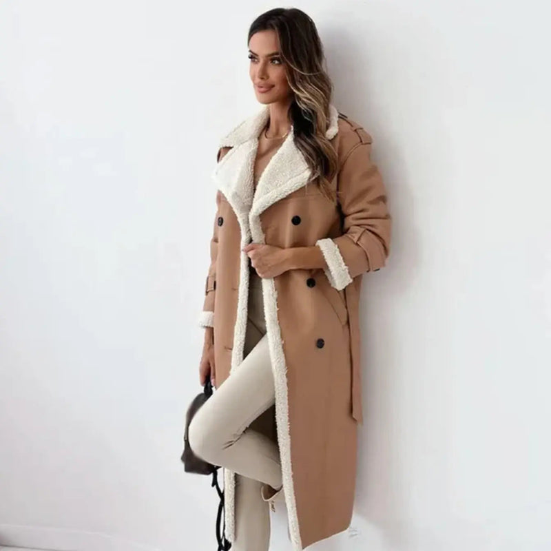 Faith Relaxed Fit Fleece-Lined Long Coat in Khaki, view 3