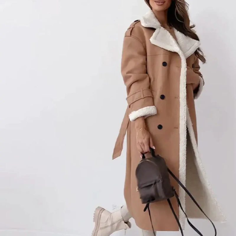 Faith Relaxed Fit Fleece-Lined Long Coat in Khaki, view 4