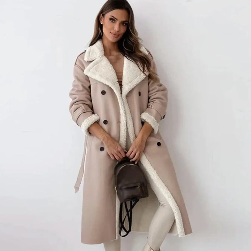 Faith Relaxed Fit Fleece-Lined Long Coat in Apricot, view 5